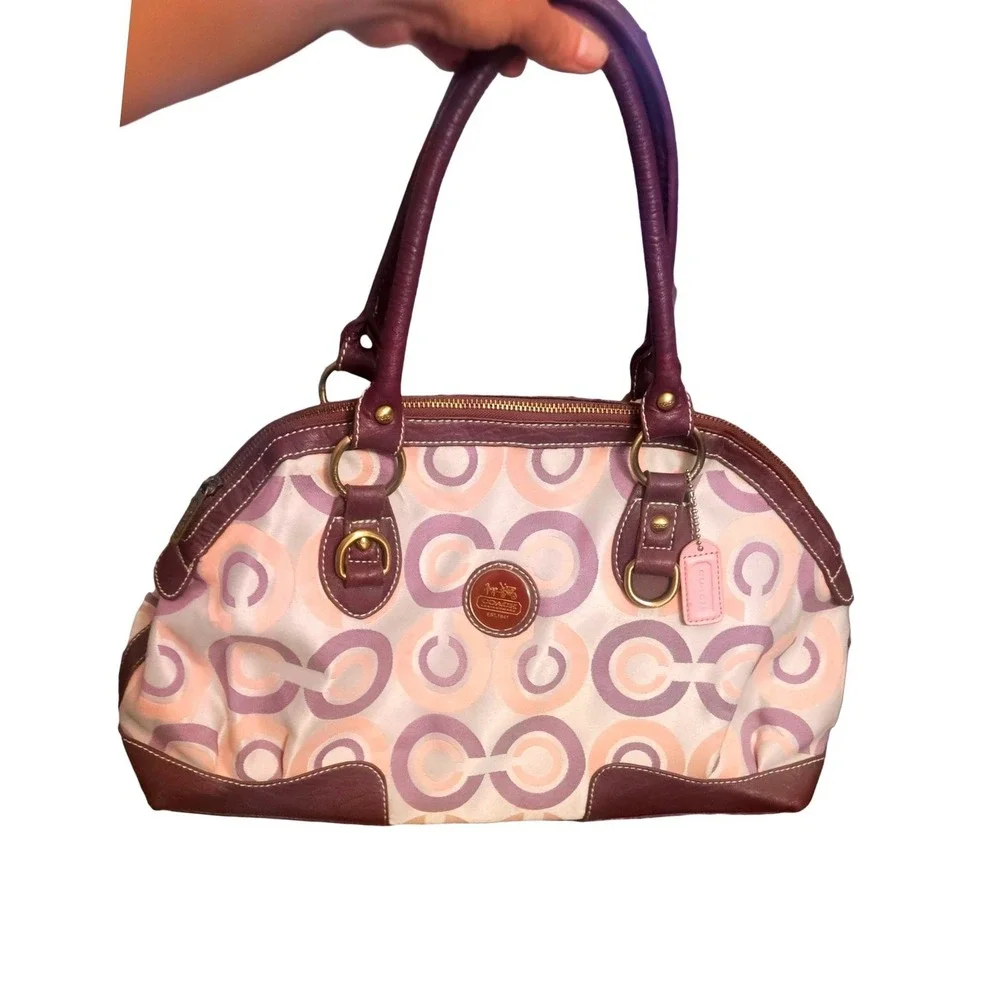 Coach Optic Signature Satchel Handbag Purple Pink Jacquard Leather Trim